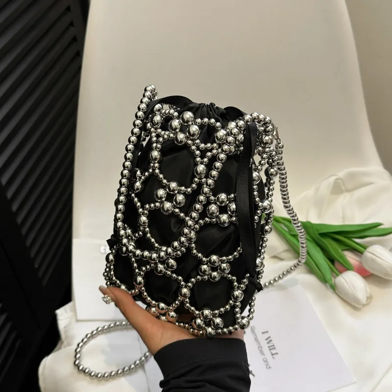 Luxury Bags On Sales - ビーズホワイトバケットショルダーとクロスボディバッグ絶妙な高級感の新鮮なパーティーハンドバッグ女性のための2025ファッション販売中