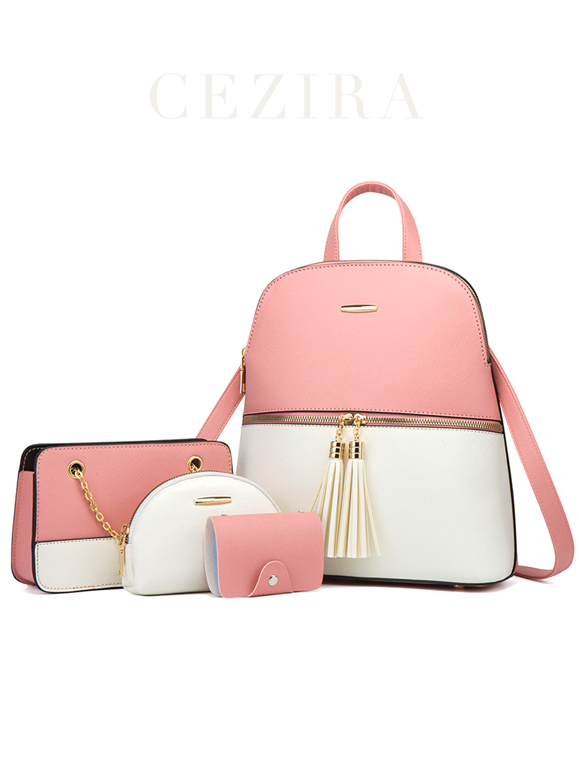 Luxury Bags That Are Vegan - 女性用PUビーガンレザーバックパック,デラックスタッセル,対照的な色,小さなチェーン財布,カードホルダー,ファッションデザインバッグセット,4個