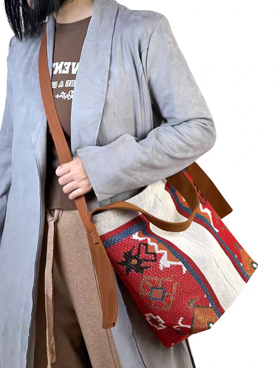Luxury Bags On Sales - 高級女性バッグオリジナル両面刺繍キャンバスショルダーバッグボヘミアバケットバッグ販売中