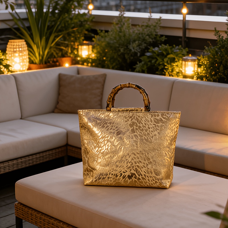 ライトラグジュアリーなメタリックゴールドジャカードリーフ柄ト - Luxury Bag Collection のレビューと価格