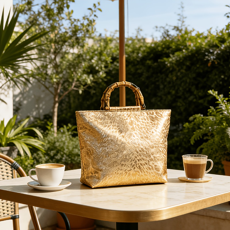 ライトラグジュアリーなメタリックゴールドジャカードリーフ柄ト - Luxury Bag Collection のレビューと価格