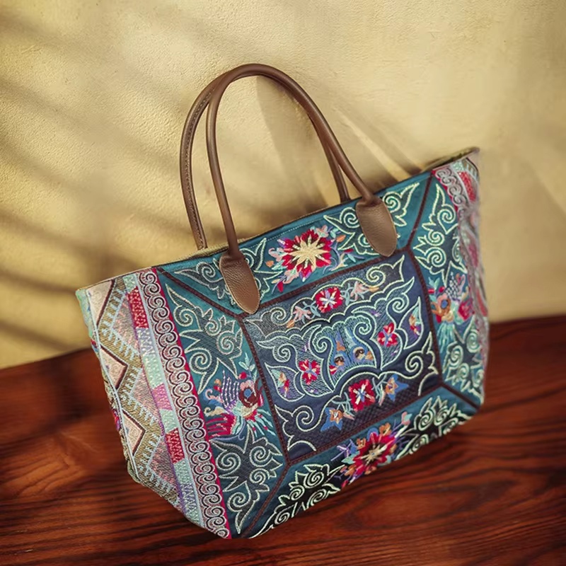 オリジナル刺繍トートバッグ両面グリーンコットンリネン大容量ヴ - Luxury Bags On Sales のレビューと価格