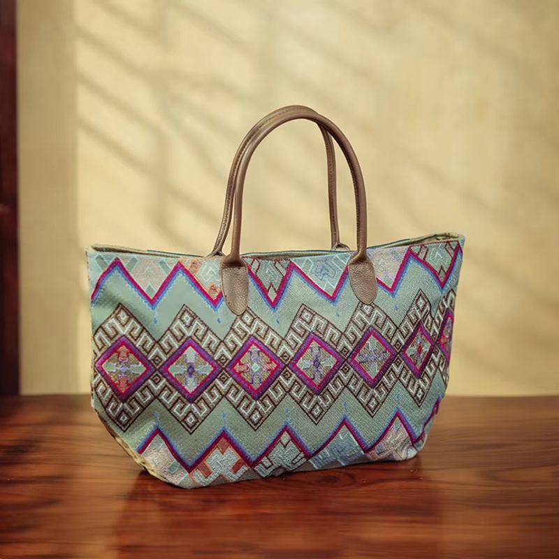 オリジナル刺繍トートバッグ両面グリーンコットンリネン大容量ヴ - Luxury Bags On Sales のレビューと価格